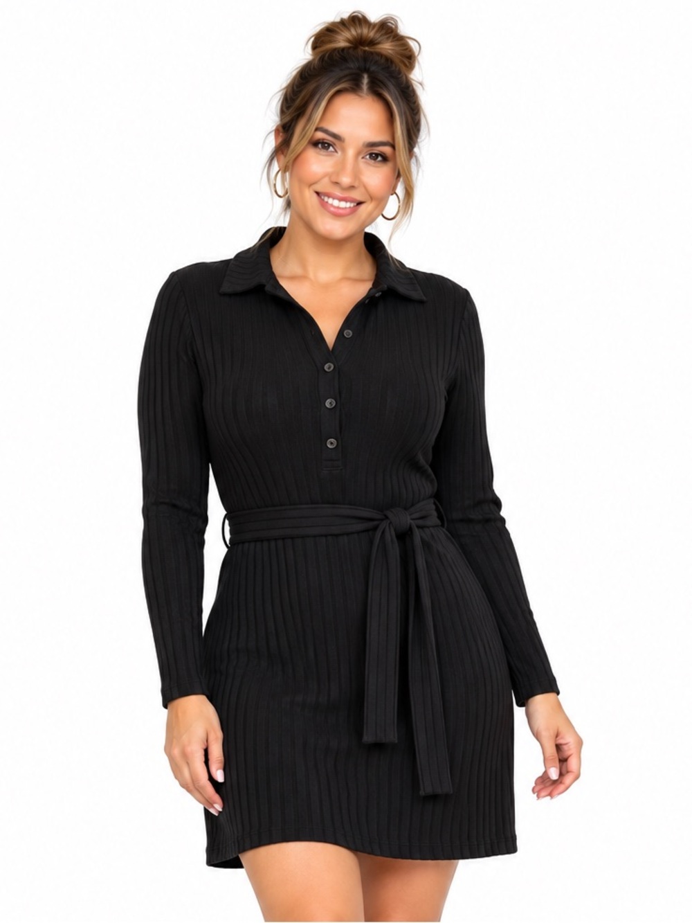 Old Navy Shirt Dress Size M Black Ribbed Belted Polo